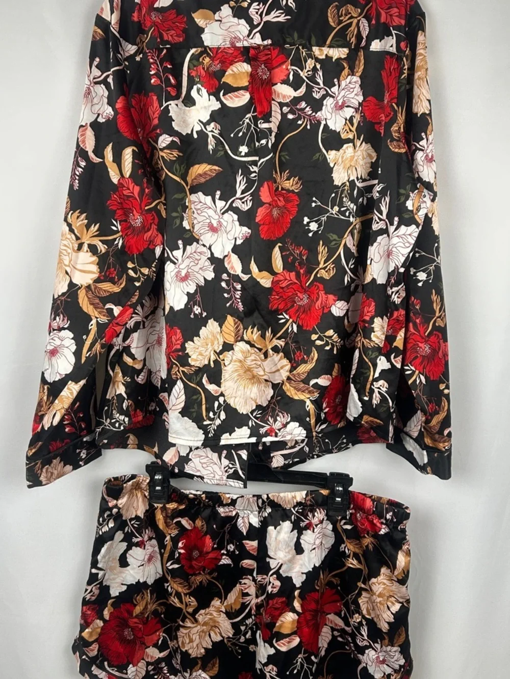 Stars Above Black Floral Satin Pajama PJ Set with Red and Pink Bloom Flowers XL